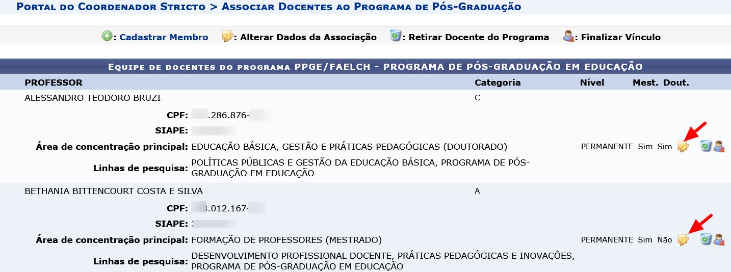 Exemplo da lista de membros ativos com a indicação de onde clicar no ícone de edição.