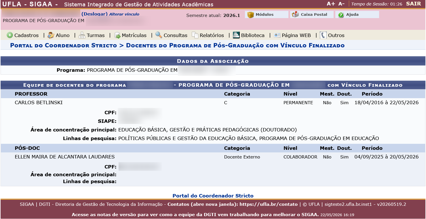 Tela exibindo a lista de ex-membros do programa, mostrando o nome do docente e as datas de início e fim do vínculo.