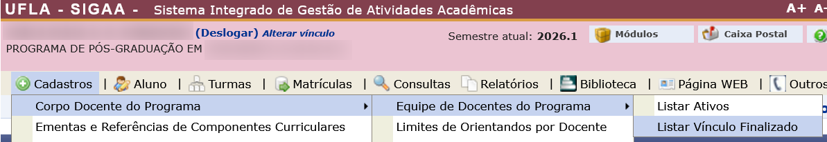 Captura de tela do menu do sistema SIGAA com a opção Listar Vínculo Finalizado em destaque.