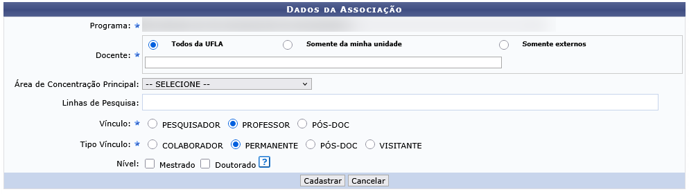 Tela de busca e cadastro de docentes no sistema SIGAA.